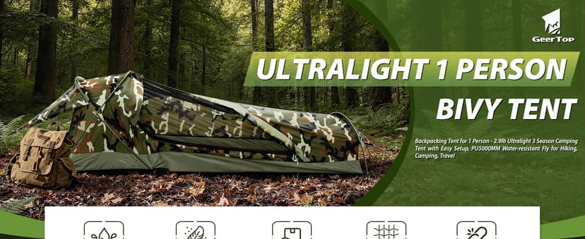 GEERTOP Ultralight Single Person Bivy Tent for Camp Waterproof 1 Man Tent for Camping Hiking Backpacking Hunting Outdoor Survival Gear - Easy Set Up