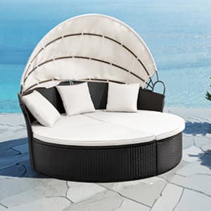 Devoko Patio Furniture Outdoor Round Daybed with Retractable Canopy Wicker Rattan Separated Seating Sectional Sofa for Patio Lawn Garden Backyard Porch