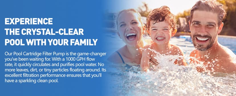 KimFilter Pro Series 1000 GPH Above Ground Pool Filter Pump, Powerful Pool Cartridge Filter Pump, Water Circulation and Filtration System -Improved Water Clean & Clarity, Pools Pumps Above Ground-Gray
