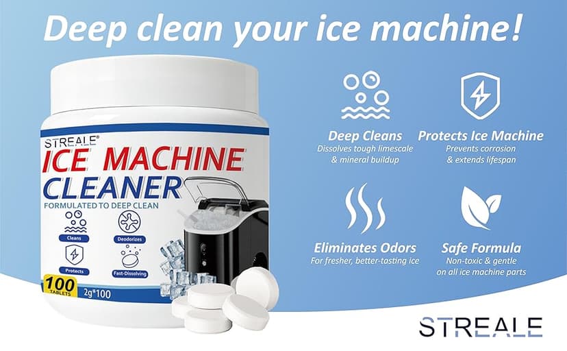 Ice Machine Cleaner Maker and Descaler - 100 Ice Maker Cleaner Tablets Compatible with All Major Brands, Nickel Safe Descaler Countertop Portable Commercial Icemaker Cleaning Solution