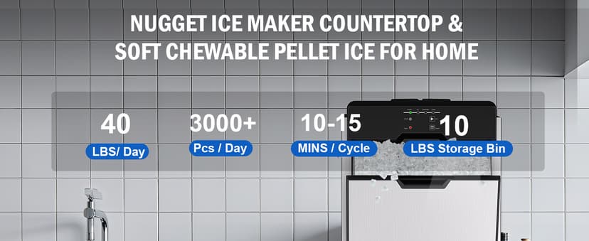 Nugget Ice Maker, 80 LBS/Day with 15 LBS Storage Bin, Freestanding Undercounter Ice Maker Machine Stainless Steel, Soft Chewable Pellet Ice Machine for Home Bar Kitchen Office, Self-Cleaning