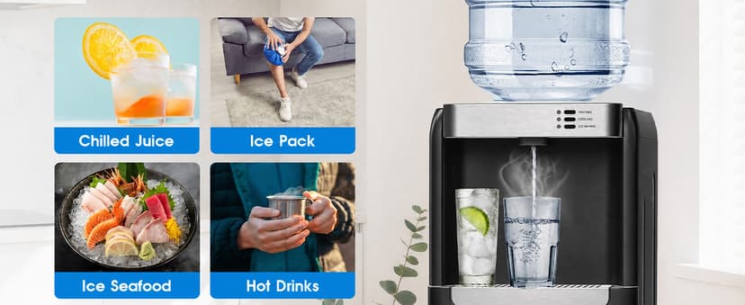 4 in 1 Water Cooler Dispenser with Ice Maker, Hot & Cold Water Dispenser for Home & Office, 33lbs/24H Bullet Ice, Top Loading 3-5 Gallon, Child Safety Lock, Ice Ready in 7 Mins (Black)