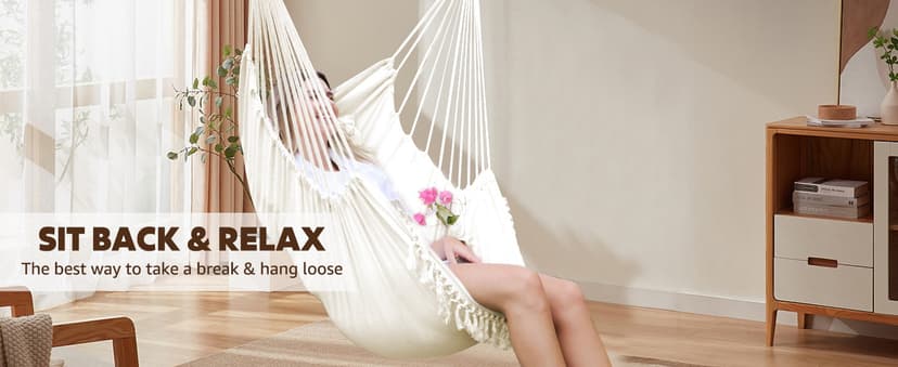 Chihee Hammock Chair Hanging Swing 2 Pillows Included,Strong Webbing Straps and Hooks for Easy Hanging Soft Cotton Hanging Chair Side Pocket Tassel Chair Comfort Indoor Outdoor Brown Stripes