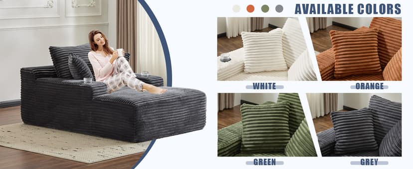 66" Oversized Chaise Lounge Sofa Chair Indoor, Modern Corduroy Single Sleeper Couch Chair with 3 Soft Pillows&Cup Holder, Boneless Cloud Couch Single Seat Sofa Bed for Living Room Office (Green)