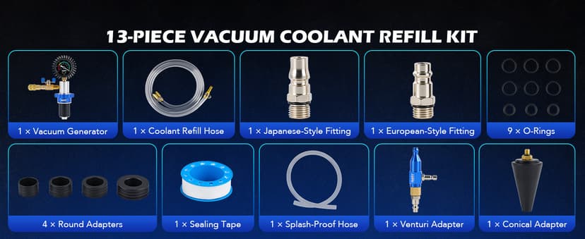 Orion Motor Tech Coolant Vacuum Refill Kit, 13pc Radiator Cooling System Tool Set with Conical Adapter 4 Round Adapters for Leak Detection Cooling Refill, Vacuum Coolant Fill Kit with Splashproof Hose