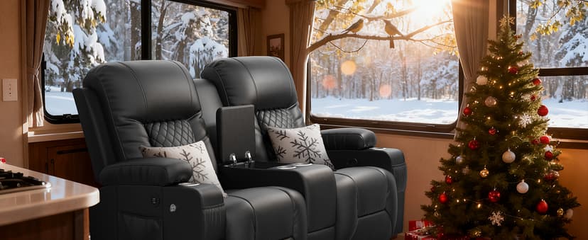 Loveseat Recliner Sofa, Home Theater Seating with Center Console, Reclining Loveseat RV Couch with USB Ports & Phone Holders, Wall Hugger RV Sofa Furniture with Storage & Pocket