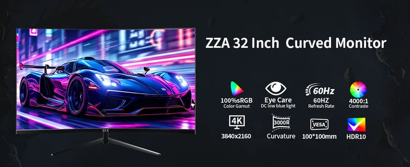 ZZA 32 Inch Curved Monitor 4K, 60HZ UHD (3840 * 2160P) 3000R VA Panel, Gaming Monitor with AMD Freesync, 100% sRGB HDR10 Wall Mountable (HDMI 2.0/DP 1.4 * 2)