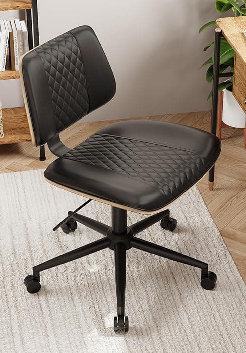 Mid Century Modern Office Chair, Fixed Back Rolling Desk Chair with Armrests and Walnut Back, Adjustable Height for Home Office, Beige