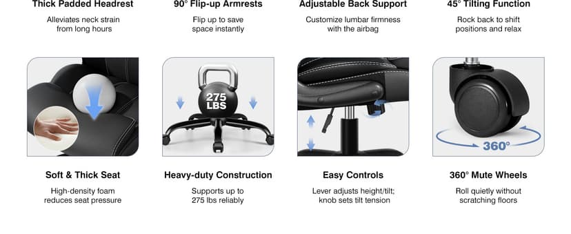 BESTFAIR Ergonomic Office Chair - Desk Computer Chair, Leather High Back Executive Chairs with Adjustable Lumbar Support & Flip Up Arms, Rocking, Black