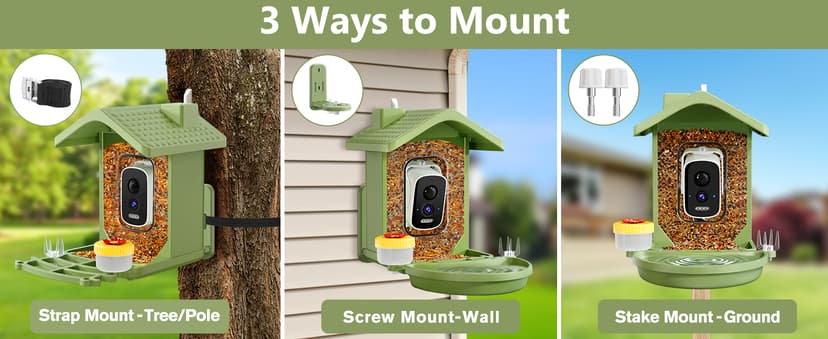 Smart Bird Feeder with Camera Solar Powered, AI Birds Species Identification, 2.5K HD Video Bird House with Camera for Outside, Weatherproof Design Ideal Gifts for Christmas, Bird Lovers, Green