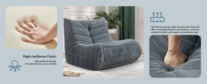 Bean Bag Chair Big Sofa Beanbag Chair for Adults Fireside Chair Bean Bag Lounger with Memory Foam Filled for Home,Apartment or Gaming Venue(Grey Plush Single)