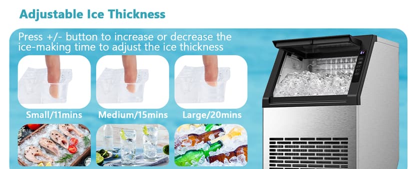 Commercial Ice Maker Machine, 80Lbs/24H Under Counter Ice Maker, Freestanding with Ice Thickness Control & Stainless Steel, 36 Cubes in 15 Mins, 28Lbs Storage Capacity, for Home, Bar, Cafe, Offices