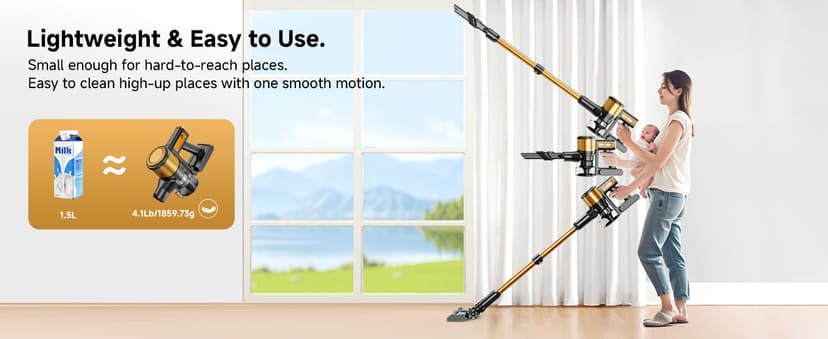 Cordless Vacuum Cleaner, 8 in 1 40Kpa 55Mins,Lightweight Vacuum Cleaners for Home, Stick Vacuum with Anti-Tangle Brush,Wall Mount, Rechargeable Cordless Vacuum for Floor/Sofa/Pet Hair,Gold