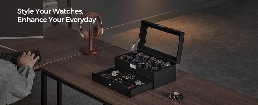 SONGMICS Watch Box, 12-Slot Watch Case Organizer with Large Glass Lid, 2 Layers, Removable Pillows, Metal Lock, Gift for Loved Ones, Black Synthetic Leather, Black Lining UJWB012B03