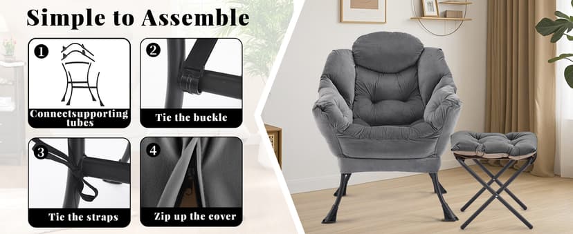 Lazy Chair with Ottoman, Comfy Accent Lounge Chair with Side Pocket, Modern Reading Armchair with Footrest, Upholstered Sofa Chair for Small Spaces, Bedroom, Living Room, Dorm, Darkgrey