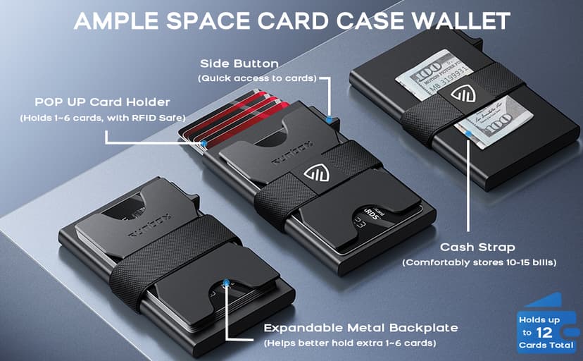 RUNBOX Mens Business Card Holder, Slim Card Wallet for Men and Women, Minimalist RFID Blocking Wallet with Pop-Up Function, Thin Design, Metal Cases Holds 6+6 Cards, Gifts for Men, Men's Accessories