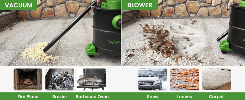 VANPORE Ash Vacuum Cleaner 5.2 Gallon with 1200w Suction Power&Wheeled Base, Ash Vacuum for Pellet Stoves, Fireplaces, Grill, Wood Stove, Fire Pits,Green