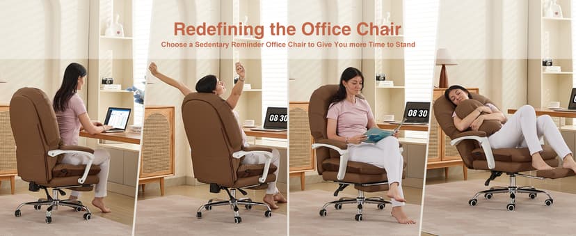 Ergonomic Office Chair for Big and Tall with Lumbar Support,Brown PU Leather High Back Executive Chair with Sedentary Vibration Reminder,Foot Rest,Reclining Function for Long Hours of Home Office