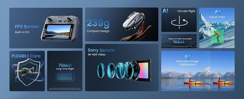 Drone with EIS 4K Camera for Adults, GPS Drone with 5.0" Screen on Controller, 70 Mins Flight, Long Range Transmission, AI Track&Orbit Mode, Follow Me, Auto Return, Lightweight and Foldable RC Drones for Beginner Toy Gifts, Under 249g