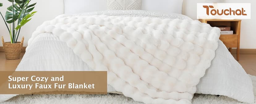 Touchat Luxury 1000GSM Faux Rabbit Fur Throw Blanket, Super Heavy Warm Cozy Blankets for Couch Bed Sofa, Bubble Plush Fuzzy Elegant Soft Reversible Mink Blanket for Living Room Bedroom, Cream White
