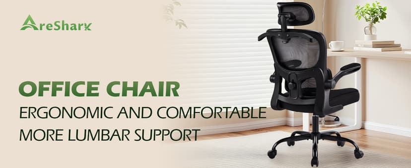 AreShark Office Chair Ergonomic Desk Chairs with Adjustable Lumbar Support& Headrest Hanger, High Back Breathable Mesh Chair with Wheels, Rolling Swivel Comfy Task Computer Chair for Home Work Gaming