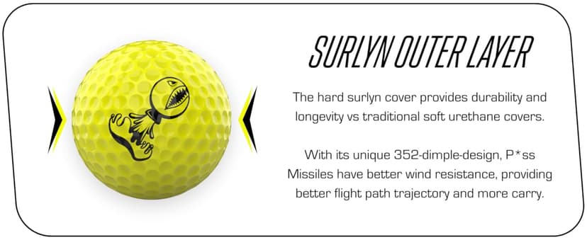 P*ss Missile Distance Golf Balls - 4-Piece Design, Surlyn Cover, High Compression Core - Lower Spin, Better Trajectory for Longer, Straighter Shots