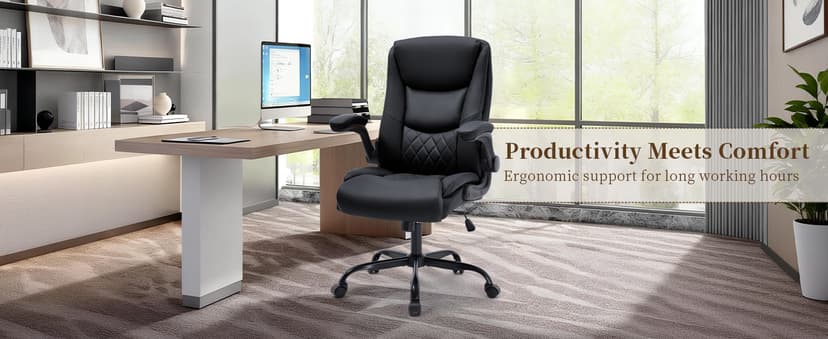 Office Chair, Executive Leather Office Chair with Lumbar Support & Flip-up Armrests, Ergonomic Adjustable High Back Swivel Chair with Rocking Function (Black)