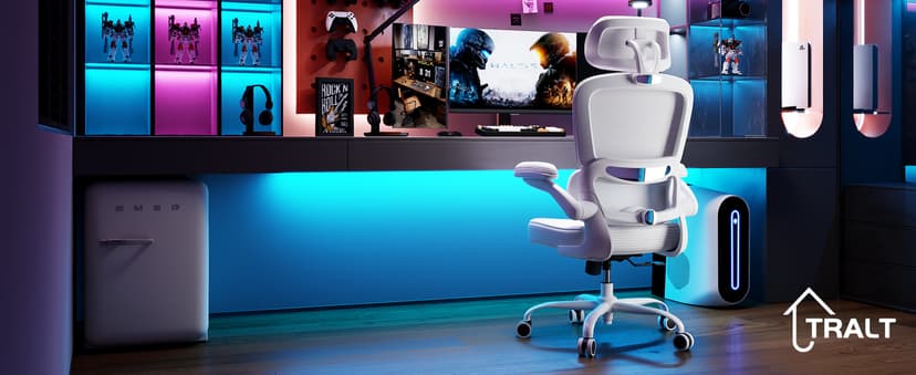 TRALT Ergonomic Office Chair - Desk Chair with Adjustable Headrest Lumbar Support Computer Chair - Mesh Comfy Chair with Flip-up Armrests - Gaming Chairs for Adults Home Office (Leather, White)