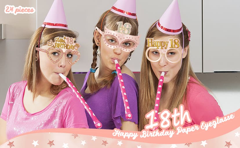 24PCS 18th Birthday Eyeglasses Decorations for Girls, Pink Rose Gold Happy 18th Birthday Paper Eyeglasses Party Supplies, Eighteen Year Old Bday Glasses Decor