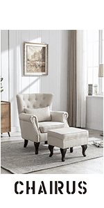 chairus Mid-Century Modern White Linen Accent Chair with Ottoman, Comfy Upholstered Lounge Armchair with Removable Cushions & Solid Wood Frame, Fabric Reading Chair for Living Room Bedroom Office