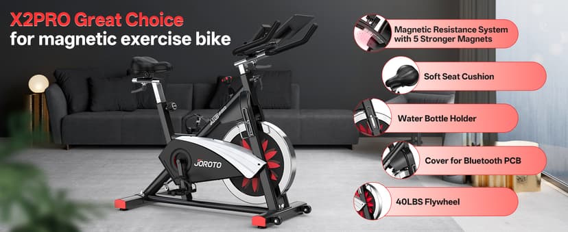 JOROTO Exercise Bike, Magnetic Stationary Bikes for Home with 40LBS Flywheel, App Supported Indoor Bike with 350LBS Weight Capacity, Low Noise,Digital Monitor,Bottle and Tablet Holder