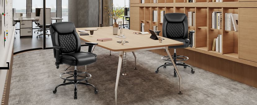 Drafting Chair,Executive Tall Office Chair Flip-up Armrests for Counter Height Desk Drawing Use,High Task Chair with Adjustable Foot Ring & Inflatable Lumbar Support, Swivel Computer Stool,PU Black