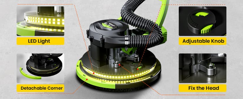 WorkBless Drywall Sander, 1050W 7.2A Popcorn Ceiling Removal Tool, Automatic Drywall Sander with Vacuum Dust Collector, 7 Variable Speed 1000-2100RPM, 15Pcs Sanding Discs(Green)