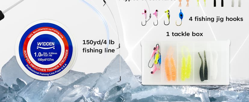 WIDDEN Ice Fishing Rod and Reel Combo, 27" Medium Light Spinning Ice Fishing Pole, Gear with Tackle Box Kit, Line, Lures for Saltwater, Freshwater Trout, Bass, Walleye