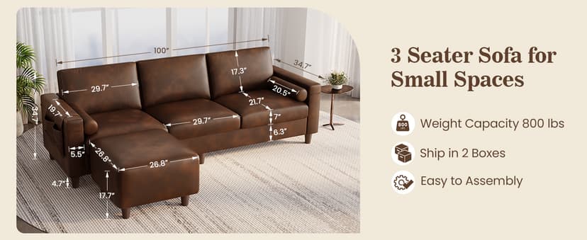 Vesgantti 100" PU Faux Leather Sofa with Movable Ottoman, 3 Seater L Shaped Leather Sectional Couch with Side Pocket, Comfy Mid Century Modern Modular Couch for Living Room, Apartment, Cocoa