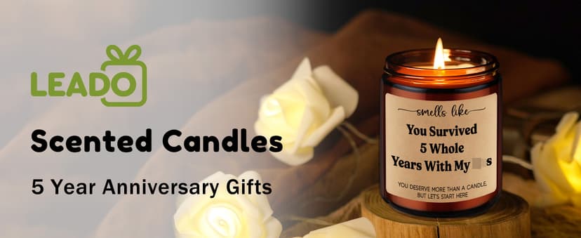LEADO 5th Wedding Anniversary Candle - 5 Year Marriage Wood Themed Gifts for Husband Wife, 5 Year Anniversary Candle Gifts for Him Her - 5th Anniv. Funny Present for Couple, Women, Men, BF, GF
