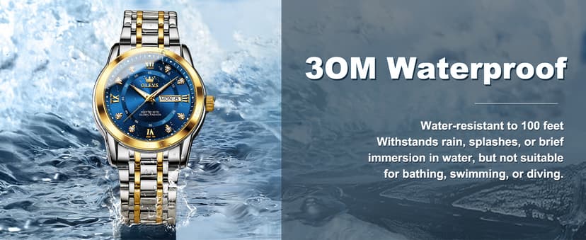 OLEVS Men's Stainless Steel Watch, Large Face Roman Numerals Diamond Accented Three-Hand Analog Quartz Watches for Men, Easy to Read Day Date Waterproof Luminous Mens Wristwatch