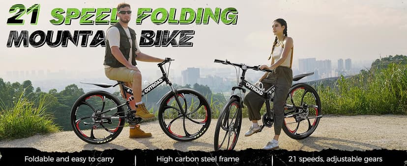 Outroad 26 Inch Folding Mountain Bike, 21 Speed Full Suspension High-Carbon Steel MTB Foldable Bicycle, Dual Disc Brake Non-Slip Folding Bikes for Adults/Men/Women, Black, Orange and Green
