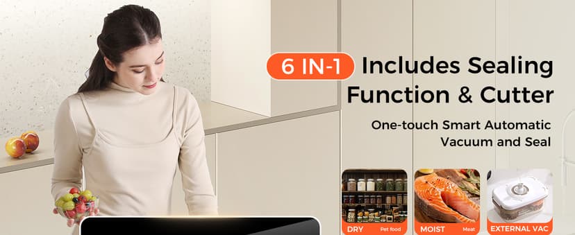 Vacuum Sealer Machine 75KPa Food with 6-in-1 Dry/Moist Modes & Digital Timer, Compact Lightweight Design, Built-in Cutter + 10 Bags (Black Silver)