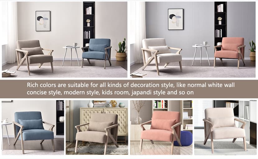 INZOY Mid Century Modern Chair with Wood Frame, Upholstered Armchair with Waist Cushion, Accent Chair for Living Room Bedroom Apartment, Easy Assembly, Beige