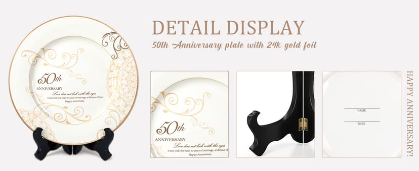 50th Anniversary Wedding Gifts for Couples Parents - 50 Year Marriage Plate with 24k Gold Foil, Golden Keepsake Gift, Ceramic 9 inch