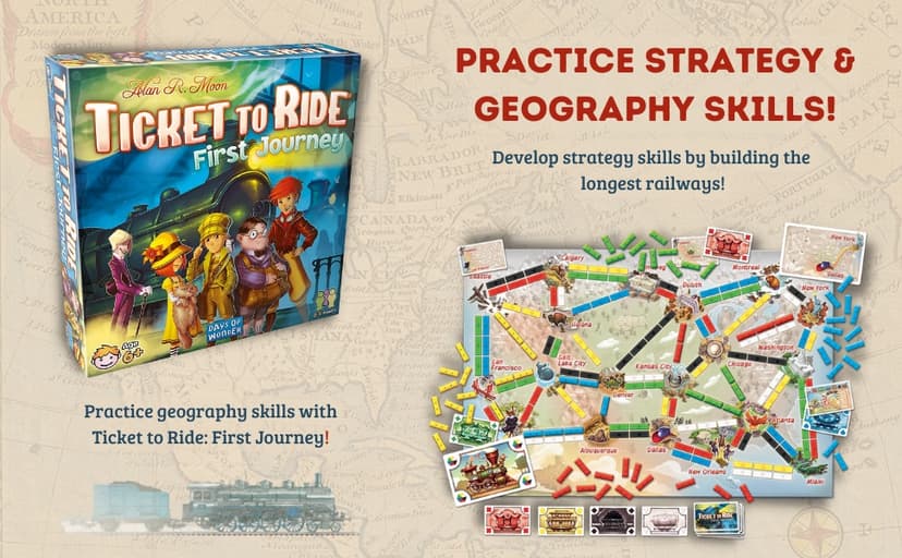 Asmodee Ticket to Ride First Journey Board Game - Fun and Easy for Young Explorers! Train Strategy Game, Family Game for Kids & Adults, Ages 6+, 2-4 Players, 15-30 Min Playtime