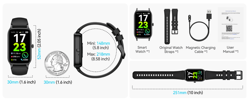 ChronArk Fitness Tracker for Women Men, Activity Smart Watch Compatible with Android iPhone, Step Counter with 110+ Sports, Sleep Monitor, Calorie Counter, IP68 Waterproof (Black, 1.57)