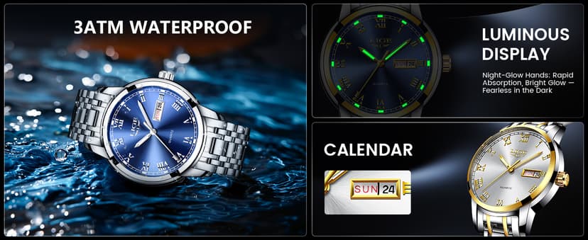 LIGE Mens Watch, Analog Men's Wrist Watches, Stainless Steel Style, Quartz Movement Calendar Function, 3ATM Waterproof, Clear Luminous Display, Business Social Matching