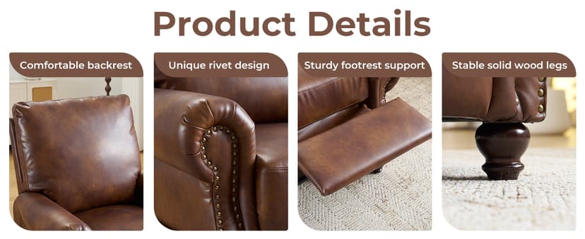 Pushback Recliner Chair with Massage and Heat, Breathable Leather Recliner Chair with Overstuffed Backrest, Recliner with Rivet Decoration, Single Sofa Accent Chair for Living Room, Brown