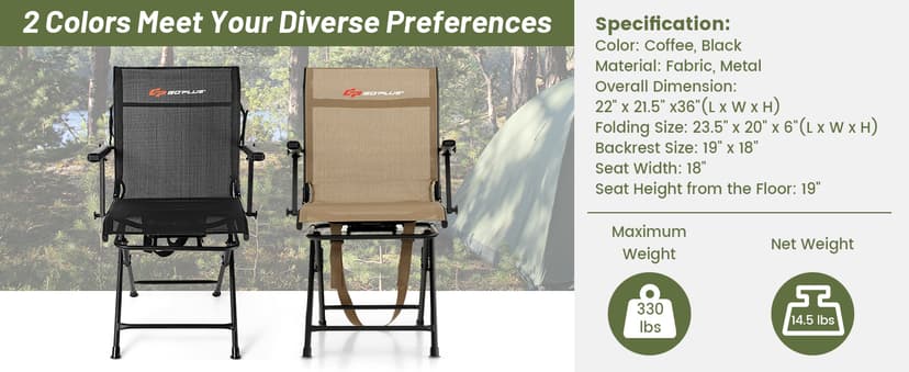 Goplus Hunting Chair, 360° Swivel Folding Hunting Blind Chair with Carrying Strap, 330LBS Capacity, Portable Deer Hunting Stool, Silent Ground Dove Hunting Chair, No Assembly