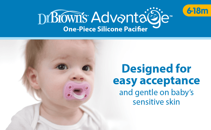 Dr. Brown's Advantage One-Piece Silicone Baby Pacifier, Fully Symmetrical Soother, Coral/Light Pink/Pink, 6-18m, BPA Free, 3 Pack