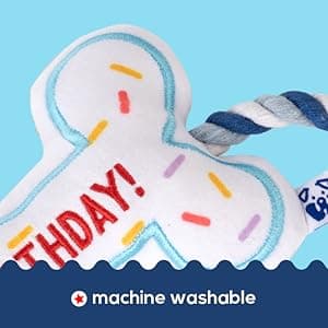 Birthday Bone Interactive Dog Toy - Interactive Tug Rope Pet Toy - Cute Unique Design Party Birthday Gift - Small Medium Puppy - Durable Chew Resistant Plush Toy with Squeaker for Teething (White)