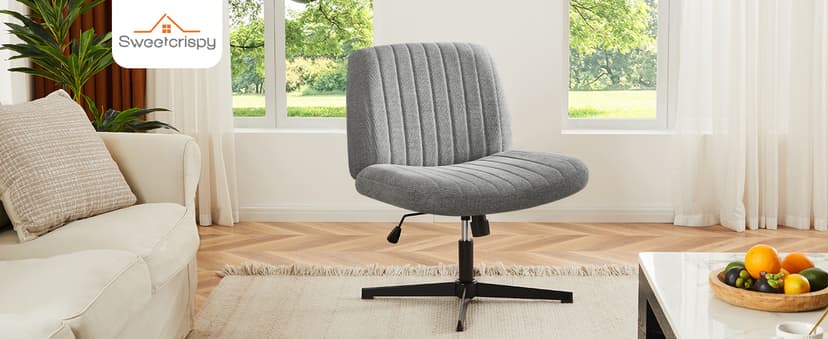 Sweetcrispy Criss Cross Chair Legged, Armless Office Swivel Desk Chairs No Wheels, Vanity Height Adjustable Wide Seat Comfy Cute Computer Task Seating for Home Bedroom, Grey