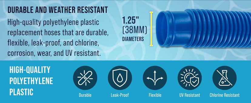 U.S. Pool Supply Above Ground Pool Hose Replacement 1.25" Diameter x 59" Long, Pack of 3 - Blue Premium Pool Filter Pump Hoses Compatible with Intex 607, 637 Pumps, 330, 530, 1000 GPH - 6 Metal Clamps